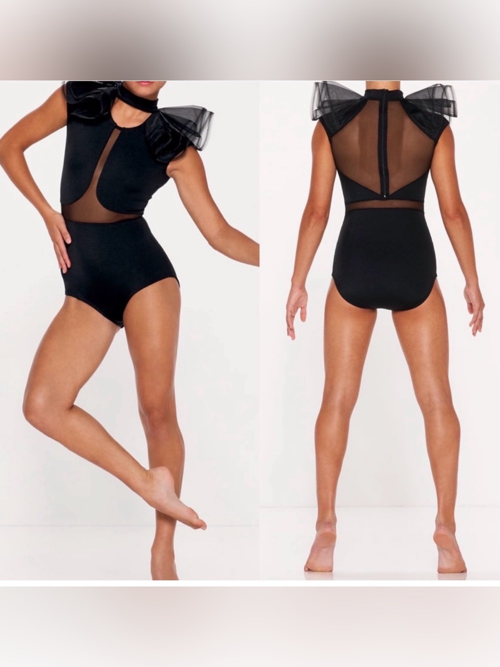 Kelle dance costume black leotard ruffle sleeve FLY AWAY 5301 LA adult large